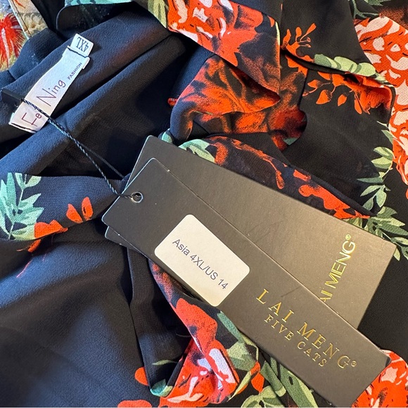 Black Red Floral Tie Bow Neck Maxi Long Dress Sheer Long Sleeve size 14 NWT - Picture 10 of 11